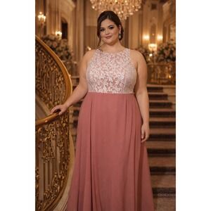 Azazie Rose Lace Bodice Chiffon Skirt Maxi Dress Formal Evening Gown Size A 20